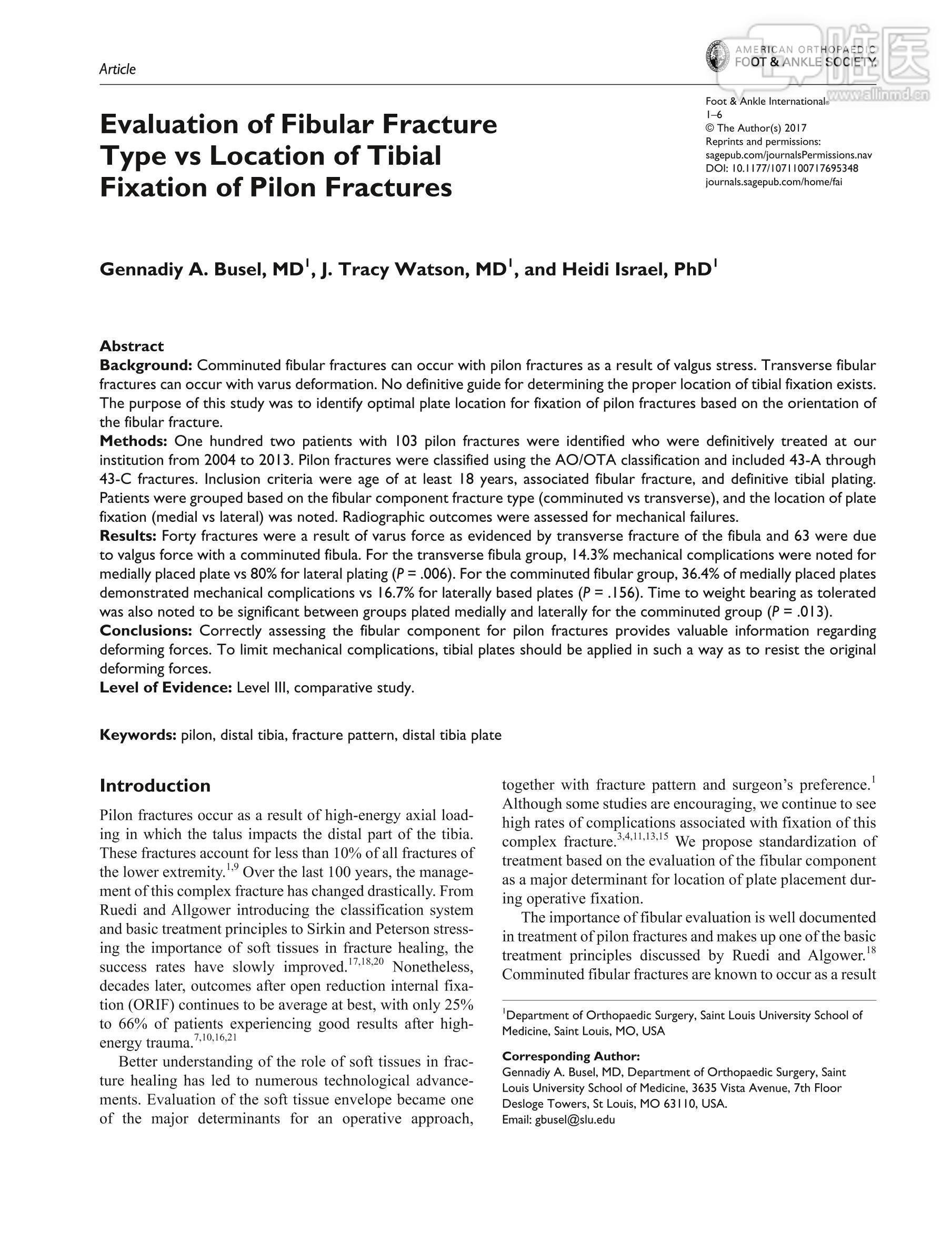 fibular,pelvis evaluation of fibular fracture type vs location of tibial