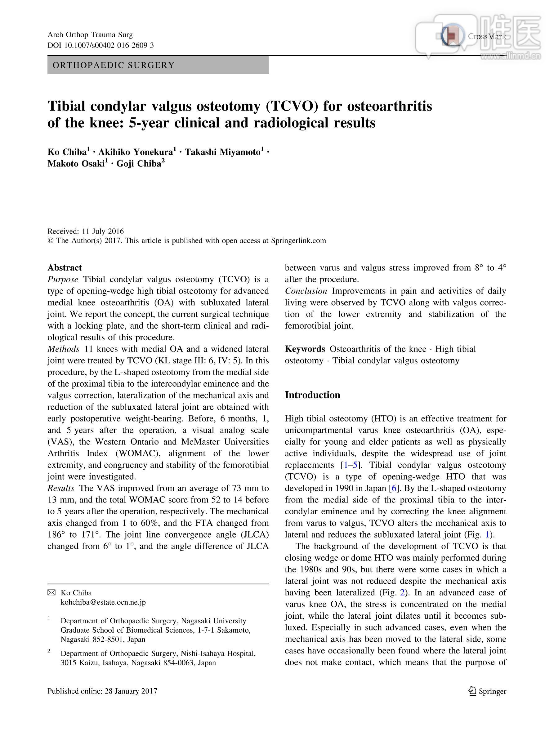 tibial condylar valgus osteotomy (tcvo) for osteoarthritis of